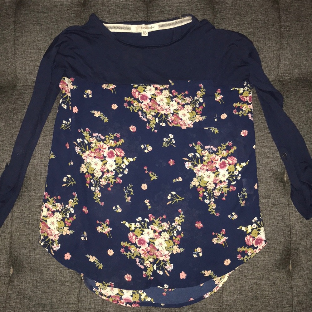 Rewind Brand Navy & Floral XS Blouse 3/4 Sleeves